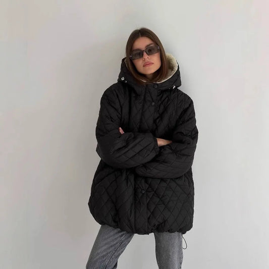 Women's Quilted Jacket Teddy Fleece Lined Hooded Oversized Fit