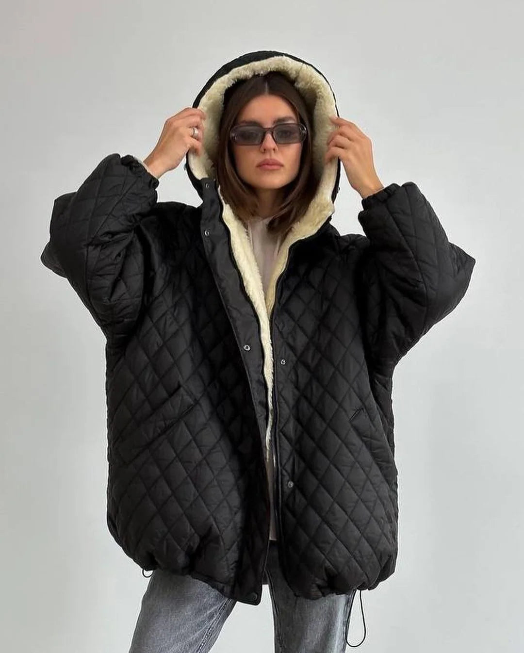 Women's Quilted Jacket Teddy Fleece Lined Hooded Oversized Fit