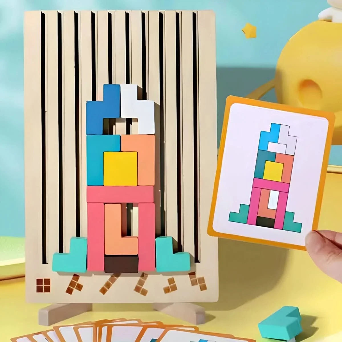 Wooden Stacking Game Colorful Tetris Blocks Non-Toxic Paint