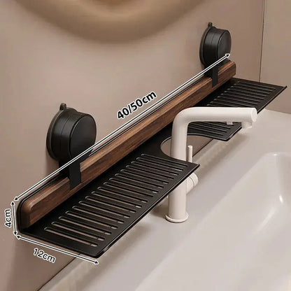 Sink Shelf Walnut Wood Suction-Mount Drain Slots