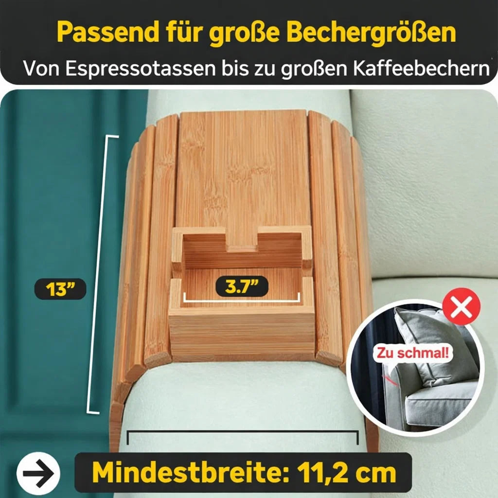 Sofa Armrest Tray Bamboo Non-Slip Clip & Cup Slot