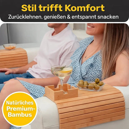 Sofa Armrest Tray Bamboo Non-Slip Clip & Cup Slot