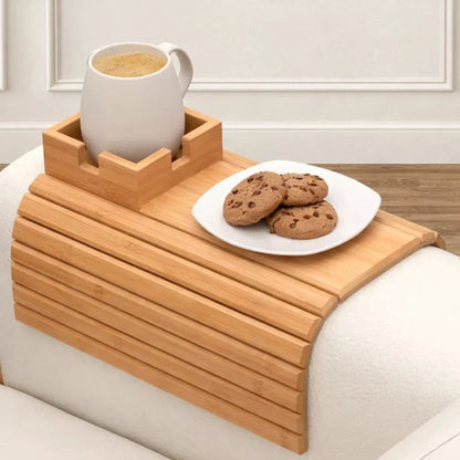 Sofa Armrest Tray Bamboo Non-Slip Clip & Cup Slot