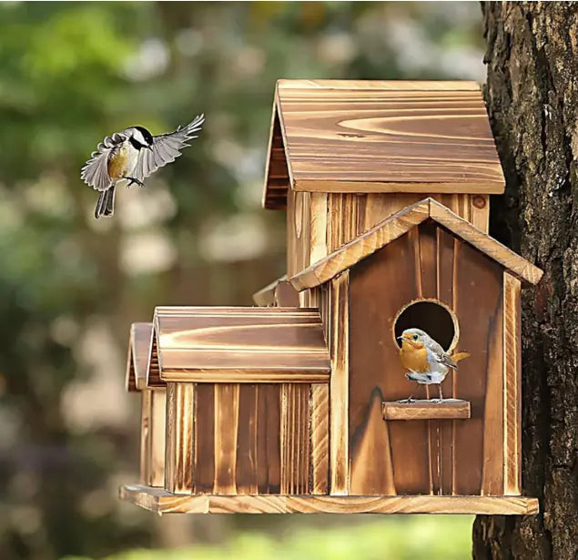 Hanging Birdhouse Multi-Compartment Wood & Weather-Resistant