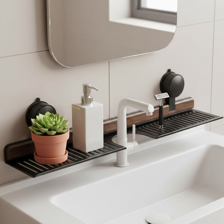 Sink Shelf Walnut Wood Suction-Mount Drain Slots