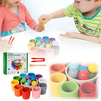 Color Matching Set Wooden Cups & Balls Plastic Tongs