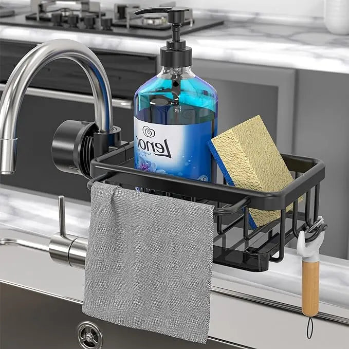 Faucet-Mounted Sink Organizer Rust-Resistant Aluminum Drip Tray & Hook