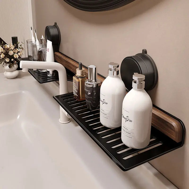 Sink Shelf Walnut Wood Suction-Mount Drain Slots