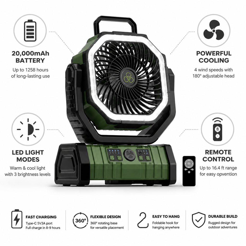 20,000mAh Dual-Mode LED Camping Fan (Remote Control)
