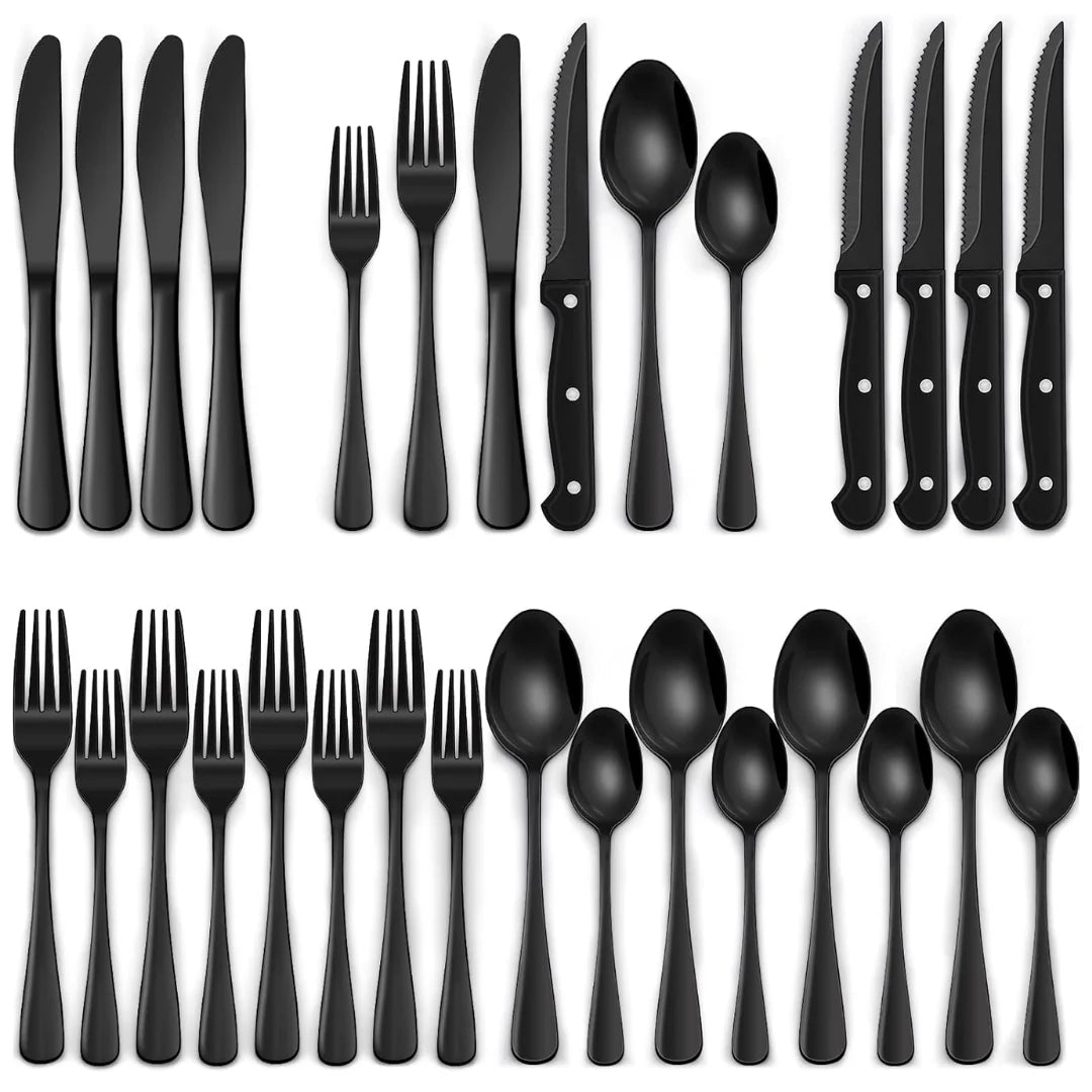24-Piece Black Stainless Steel Cutlery Set – Safe for Dishwasher Use