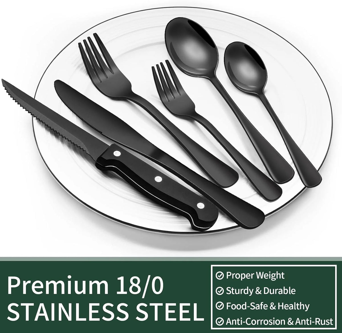 24-Piece Black Stainless Steel Cutlery Set – Safe for Dishwasher Use
