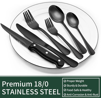 24-Piece Black Stainless Steel Cutlery Set – Safe for Dishwasher Use
