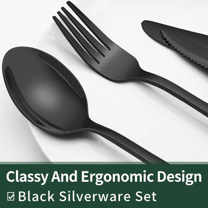 24-Piece Black Stainless Steel Cutlery Set – Safe for Dishwasher Use