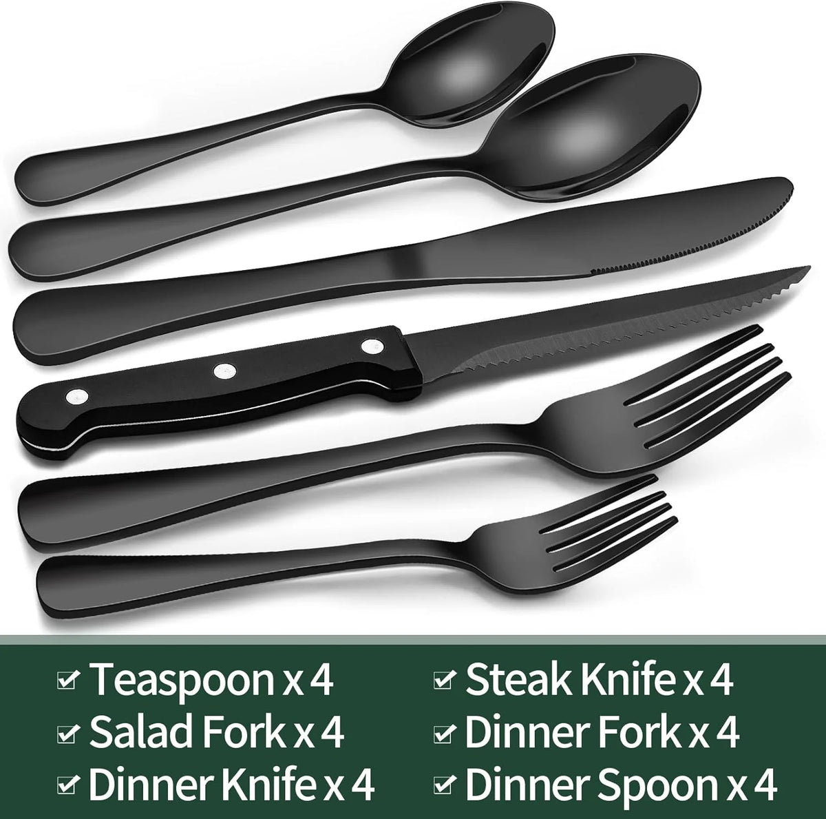 24-Piece Black Stainless Steel Cutlery Set – Safe for Dishwasher Use