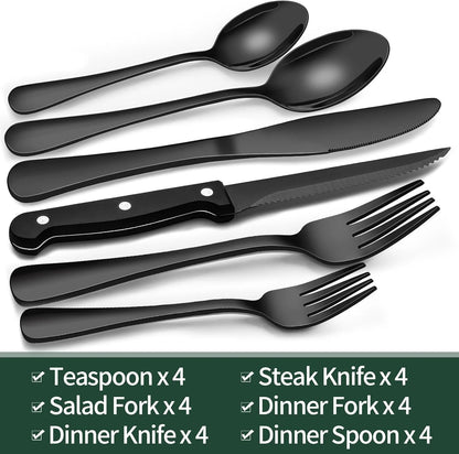 24-Piece Black Stainless Steel Cutlery Set – Safe for Dishwasher Use