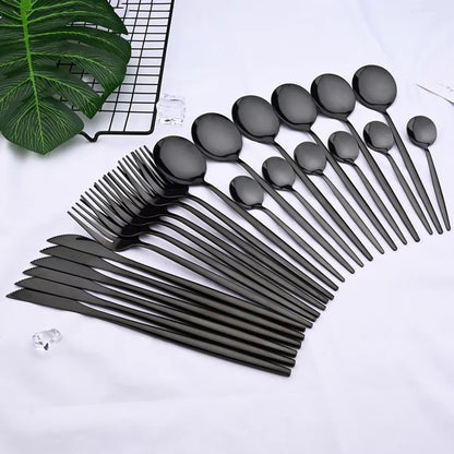 24-Piece Black Stainless Steel Cutlery Set – Safe for Dishwasher Use