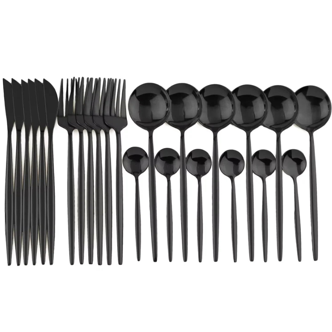 24-Piece Black Stainless Steel Cutlery Set – Safe for Dishwasher Use