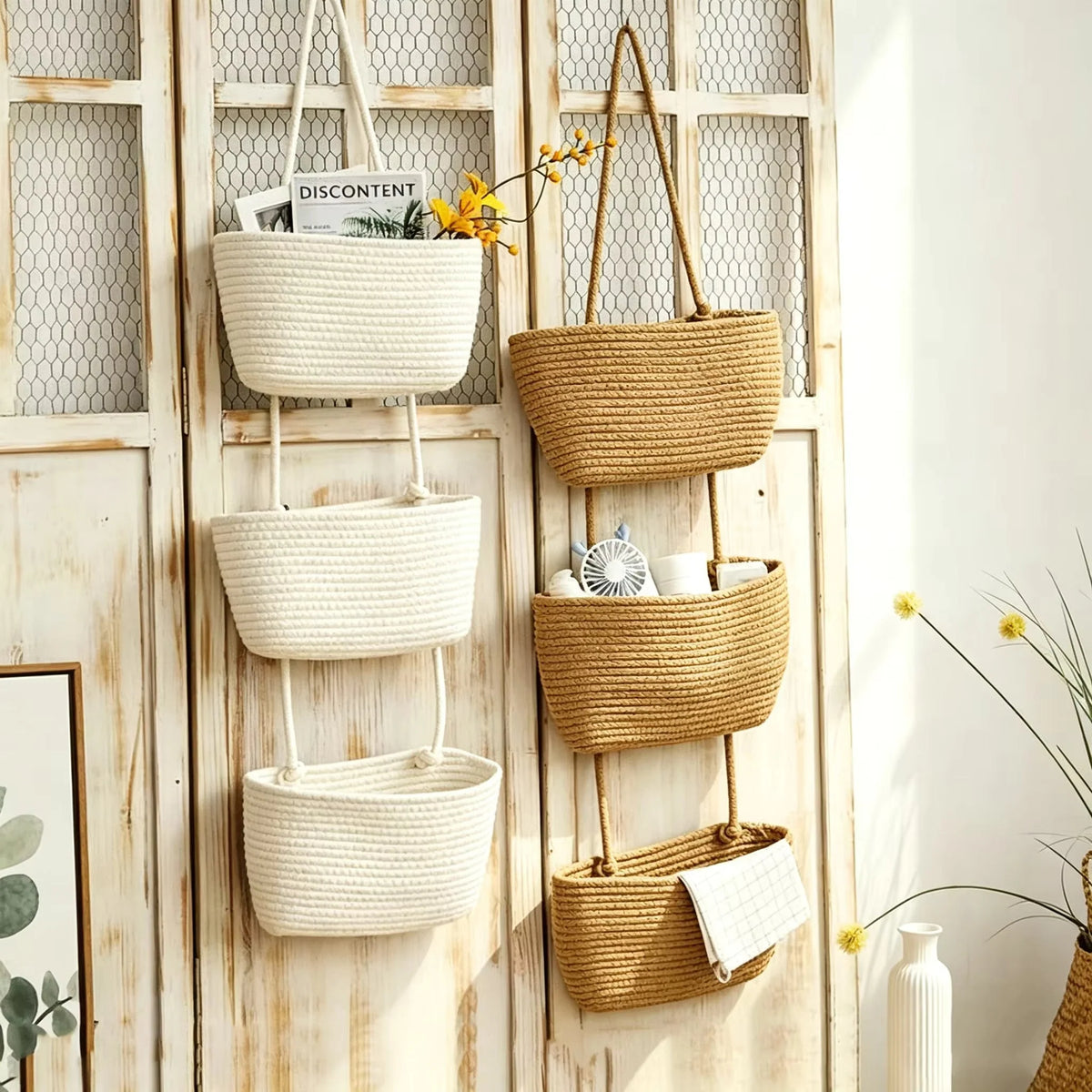 3-Tier Hanging Basket Cotton & Linen Wall-Mounted