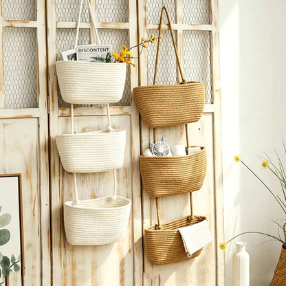 3-Tier Hanging Basket Cotton & Linen Wall-Mounted