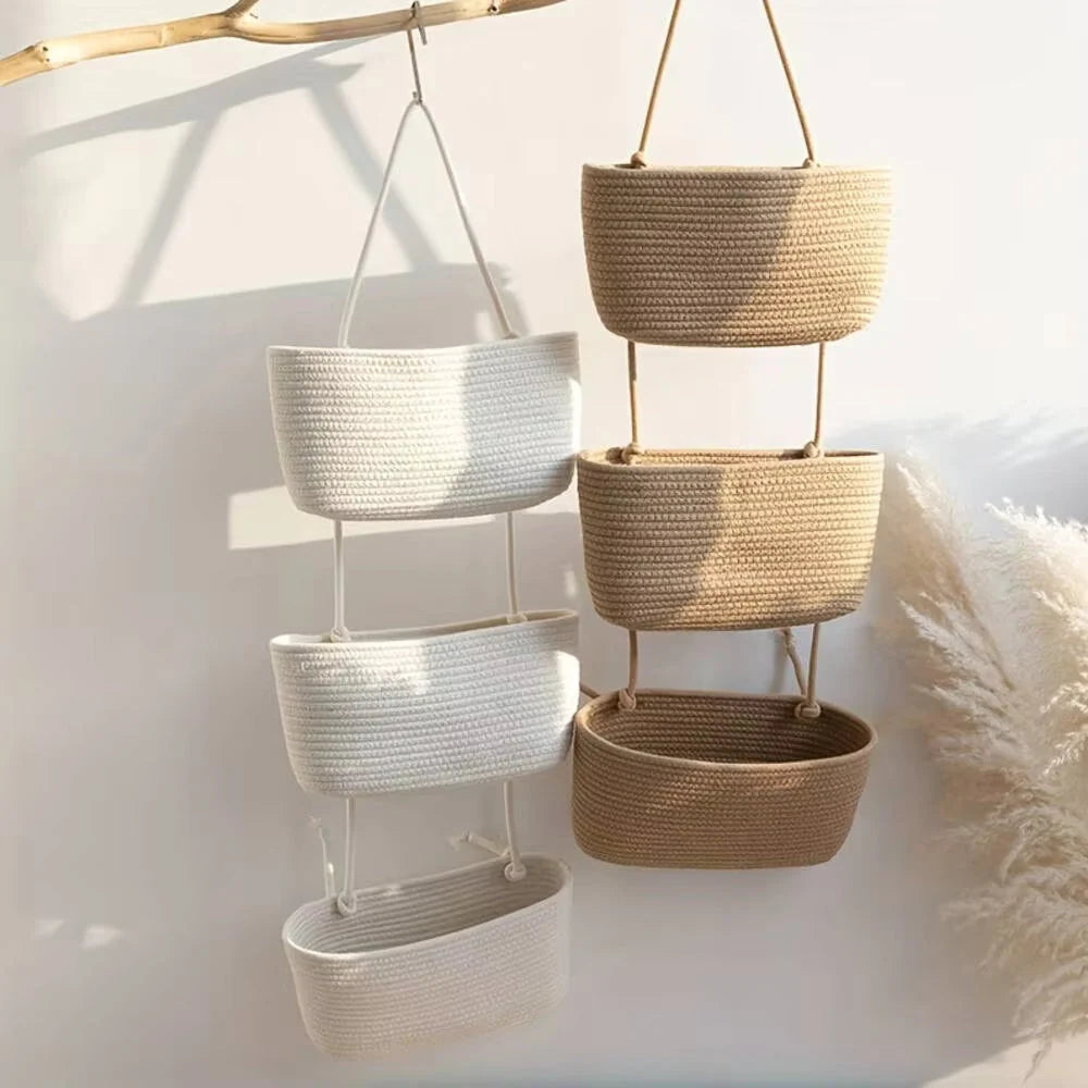 3-Tier Hanging Basket Cotton & Linen Wall-Mounted