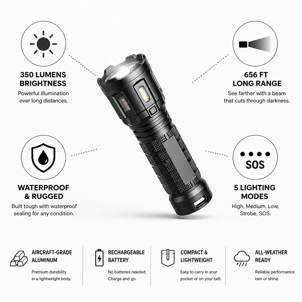 350-Lumen Rechargeable Aircraft-Grade Aluminum Flashlight