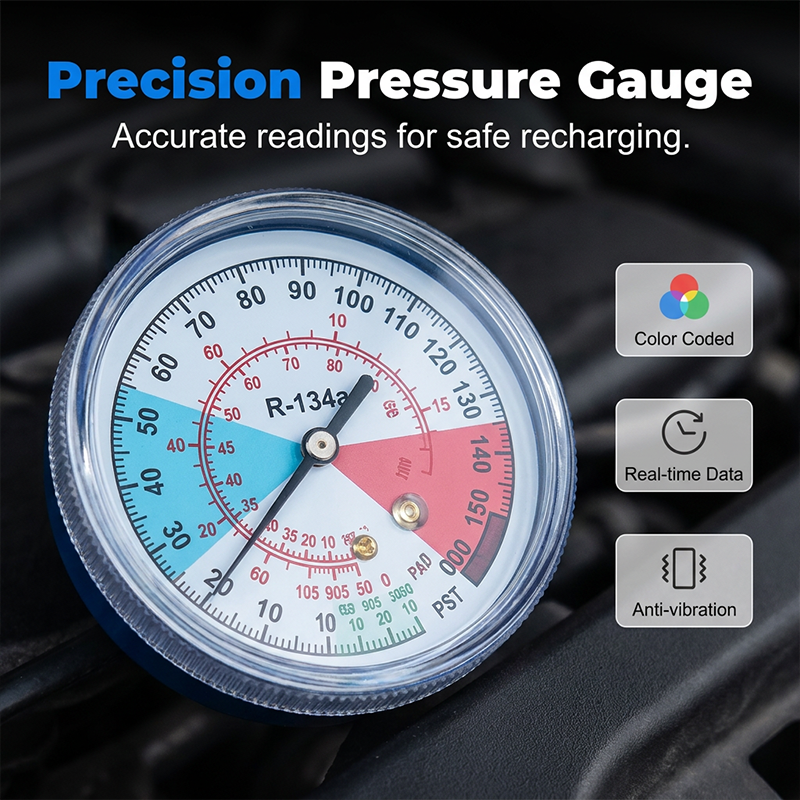 AC Recharge Hose Universal Refrigerant Color-Coded Gauge & Quick-Connect