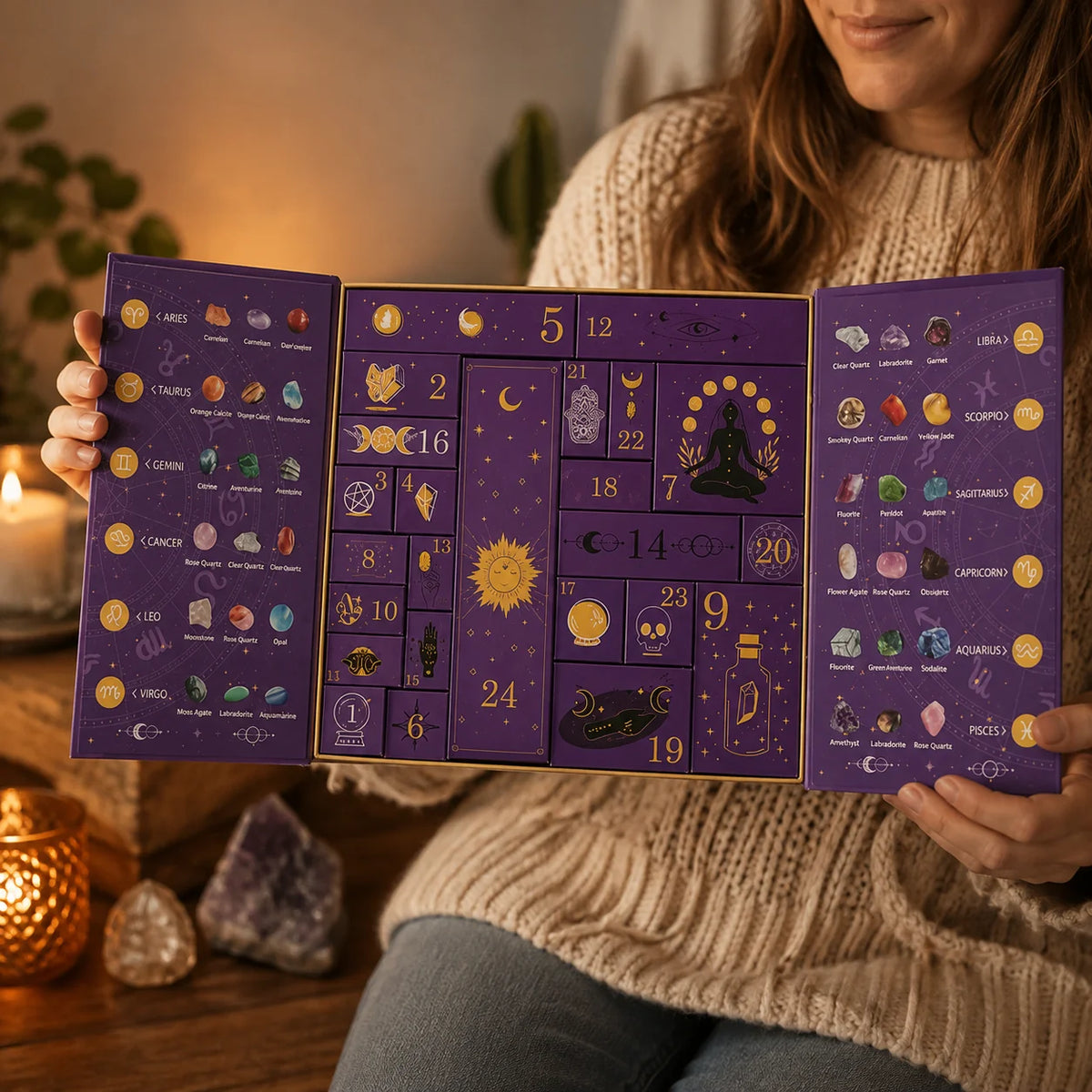 Advent Calendar 31 Natural Crystal Stones & Witch Figurine