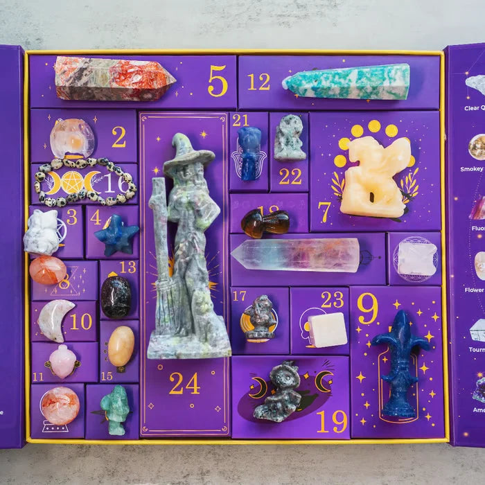 Advent Calendar 31 Natural Crystal Stones & Witch Figurine