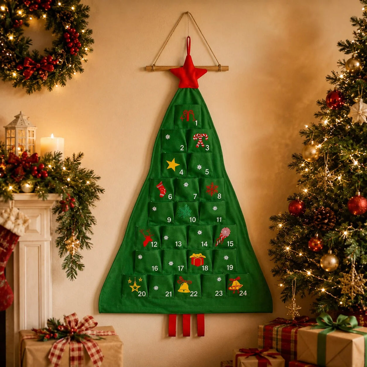 Advent Calendar Christmas Tree Reusable Fabric 24 Pockets
