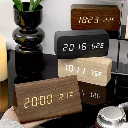 Alarm Clock Wood-Look LED Voice-Activated