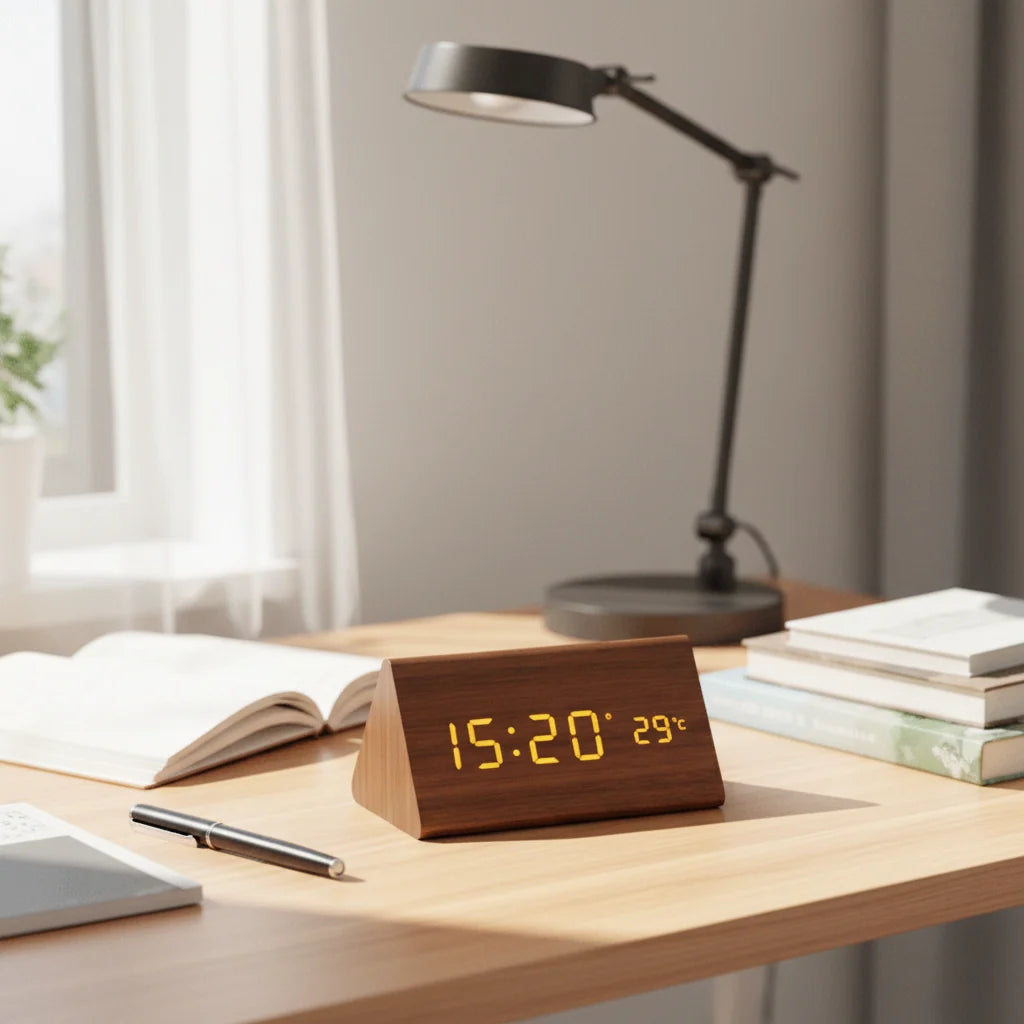 Alarm Clock Wooden Voice-Activated LED USB & Battery Powered