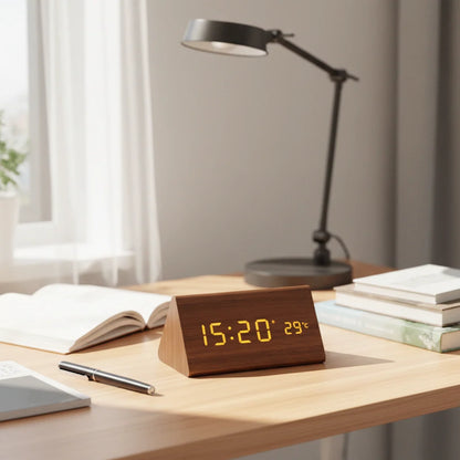 Alarm Clock Wooden Voice-Activated LED USB & Battery Powered