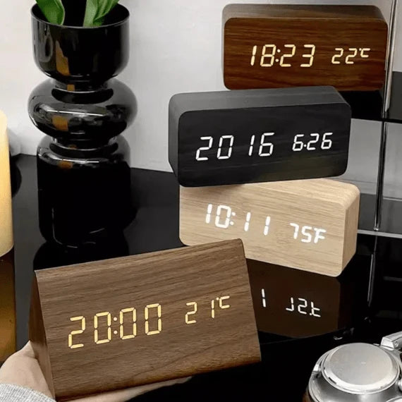 Alarm Clock Wooden Voice-Activated LED USB & Battery Powered