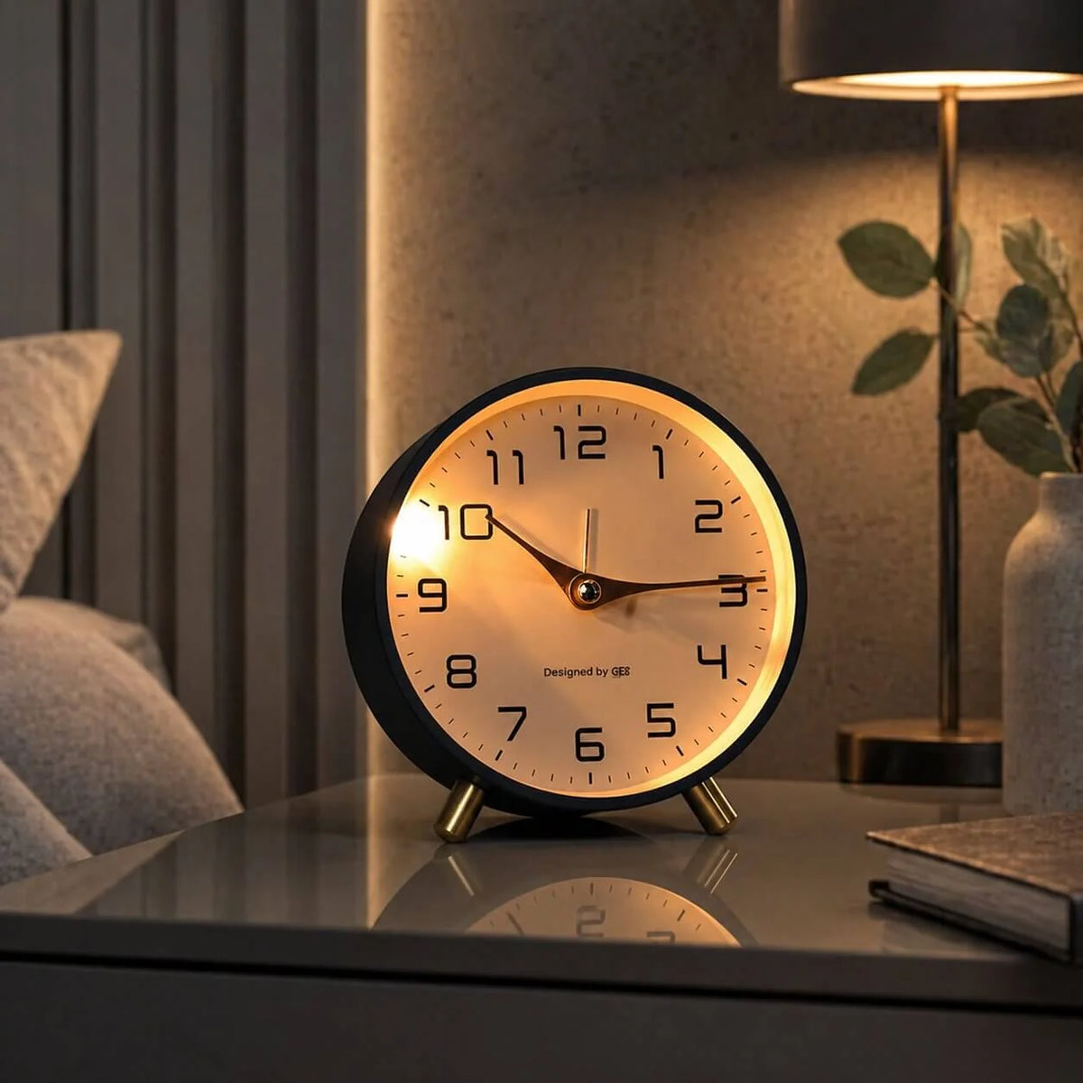 Analogue Bedside Clock Silent Sweep Metal & Glass