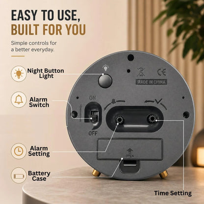 Analogue Bedside Clock Silent Sweep Metal & Glass