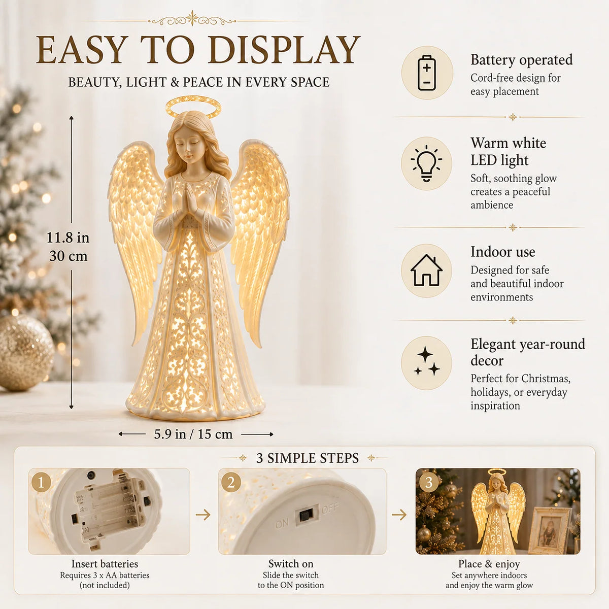 Angel Figurine Warm White LED Battery-Powered