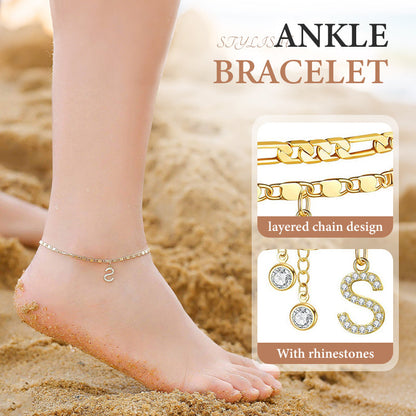 Anklet Layered Gold Chain Rhinestones Adjustable Clasp