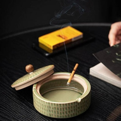 Ashtray Glazed Ceramic With Wooden Lid