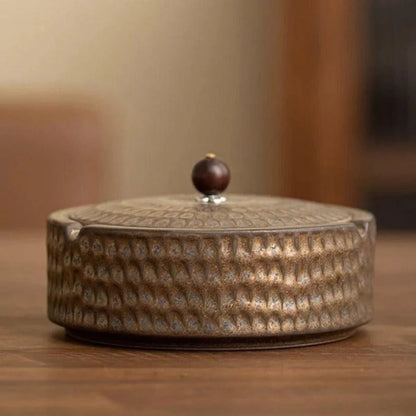 Ashtray Glazed Ceramic With Wooden Lid