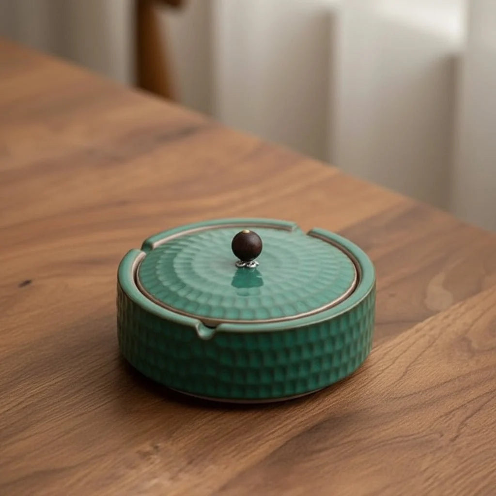 Ashtray Glazed Ceramic With Wooden Lid & Deep Bowl