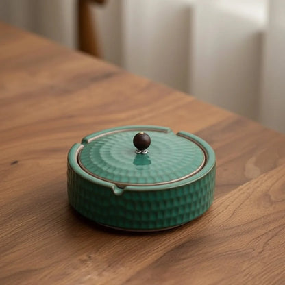 Ashtray Glazed Ceramic With Wooden Lid & Deep Bowl