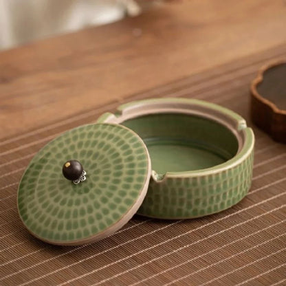 Ashtray Glazed Ceramic With Wooden Lid & Deep Bowl