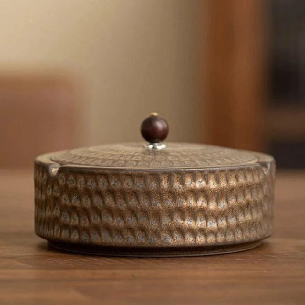 Ashtray Glazed Ceramic With Wooden Lid & Deep Bowl