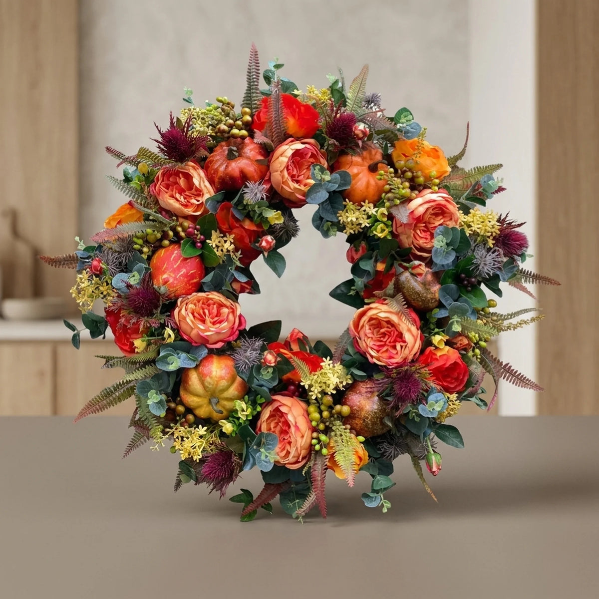 Autumn Wreath Rattan Base With Faux Pumpkins & Leaves