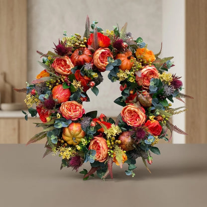 Autumn Wreath Rattan Base With Faux Pumpkins & Leaves