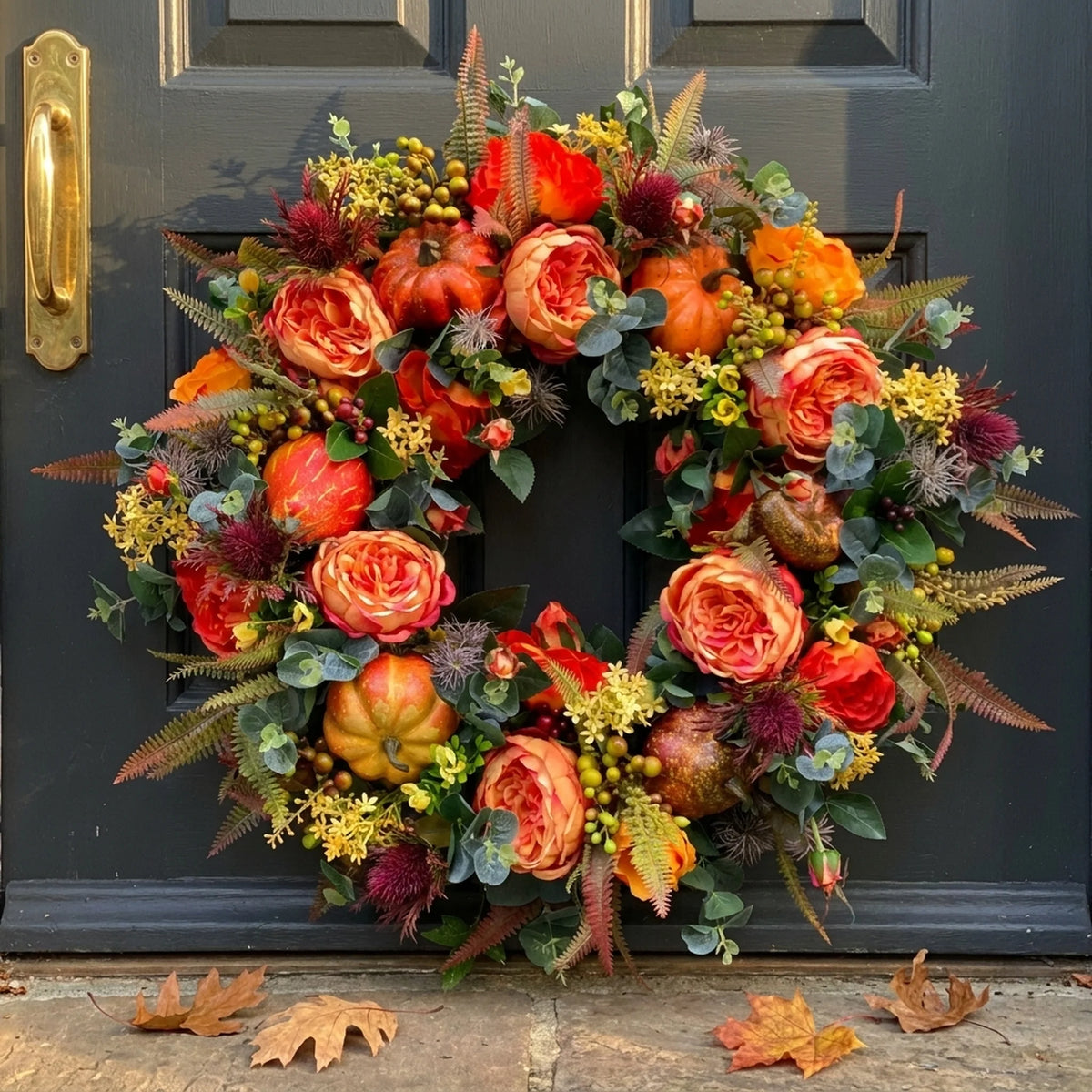 Autumn Wreath Rattan Base With Faux Pumpkins & Leaves