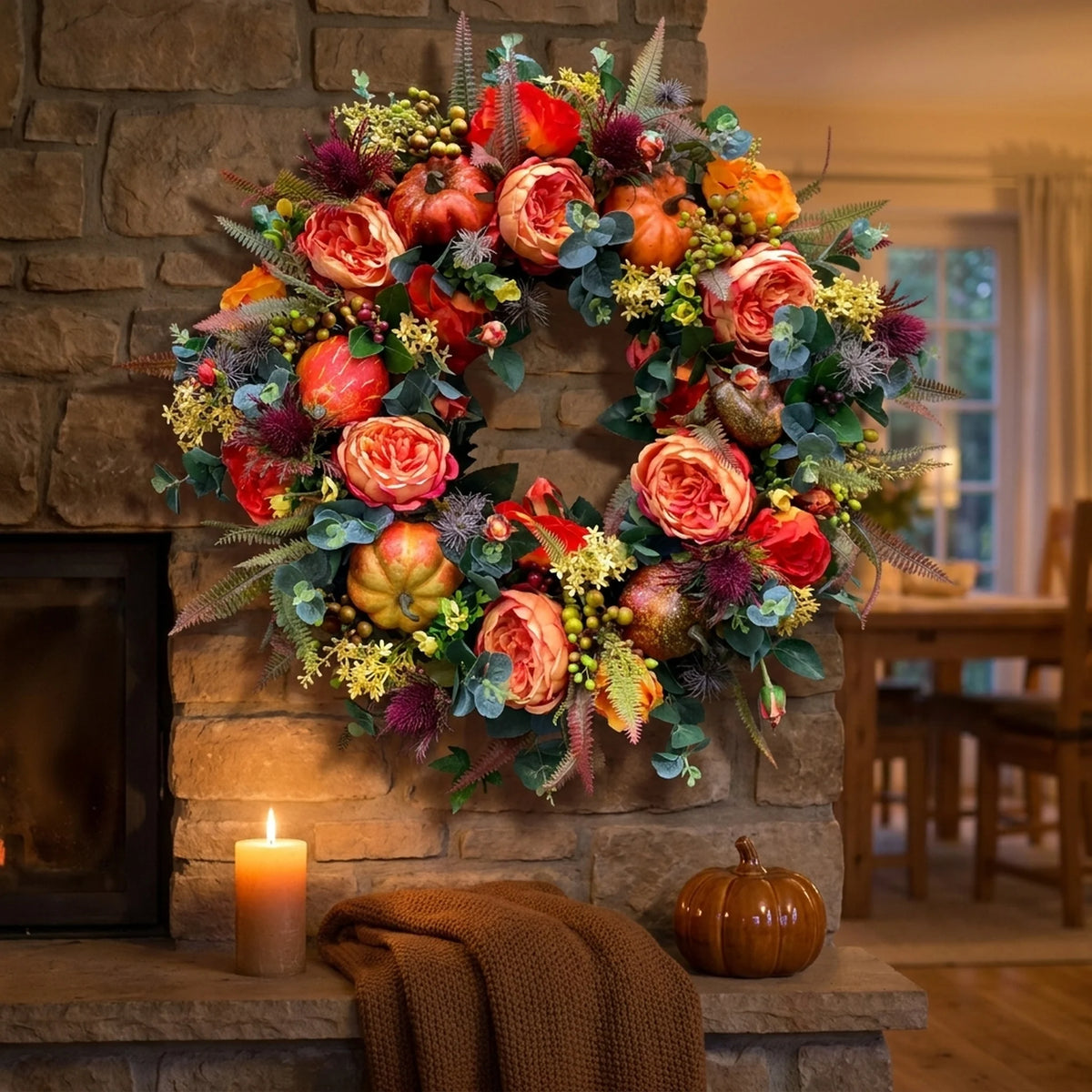 Autumn Wreath Rattan Base With Faux Pumpkins & Leaves