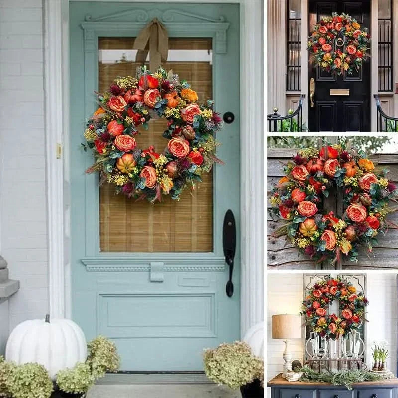 Autumn Wreath Rattan Base With Faux Pumpkins & Leaves