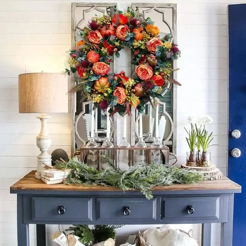 Autumn Wreath Rattan Base With Faux Pumpkins & Leaves