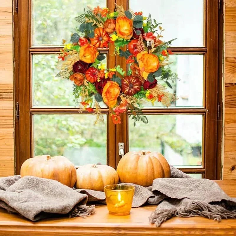 Autumn Wreath Rattan Base With Faux Pumpkins & Leaves
